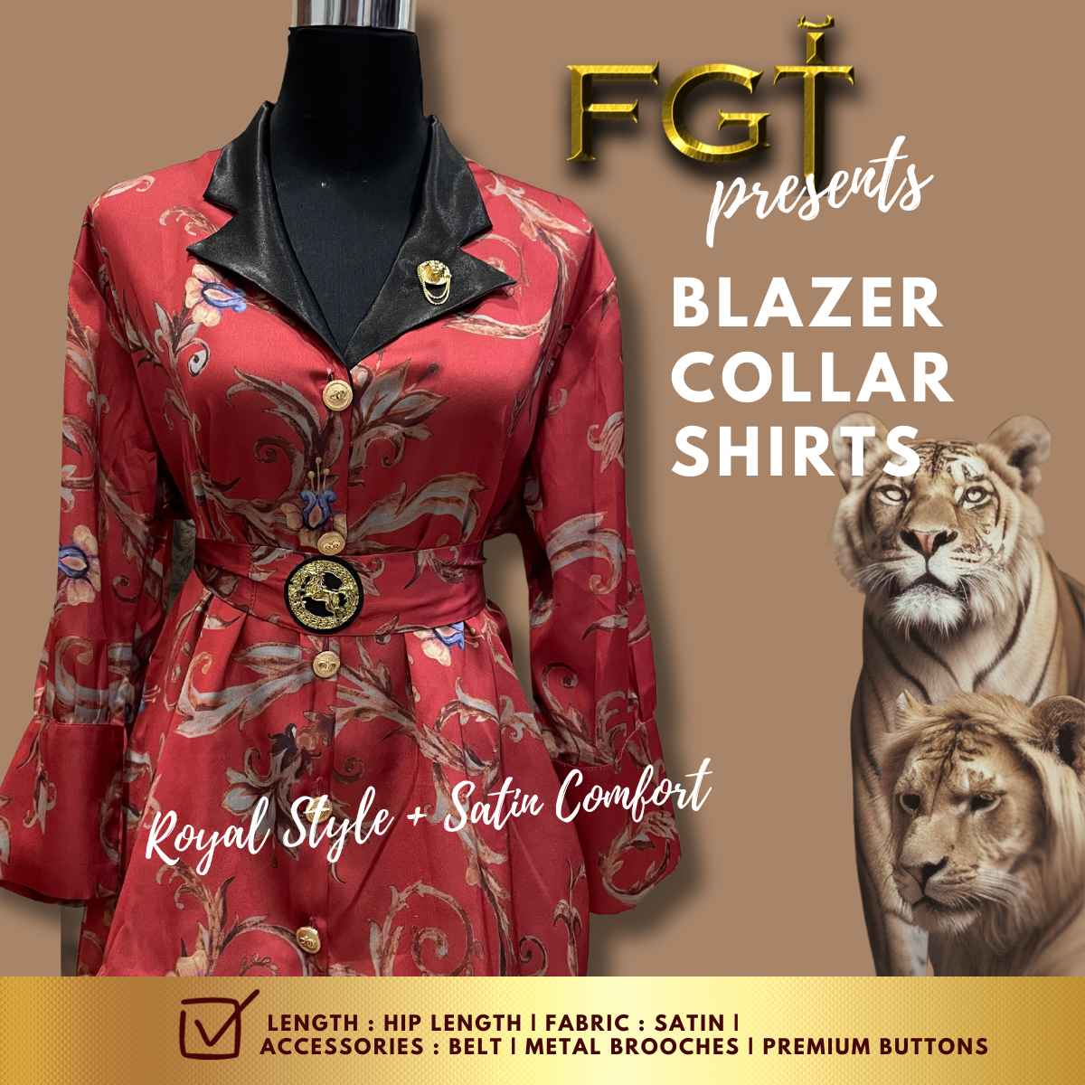 FGT ROYAL Women's Satin Shirts | Blazer style collar | #W 506