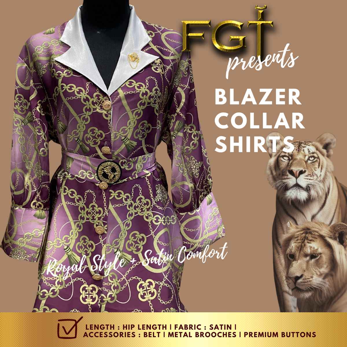 FGT ROYAL Women's Satin Shirts | Blazer style collar | #W 502